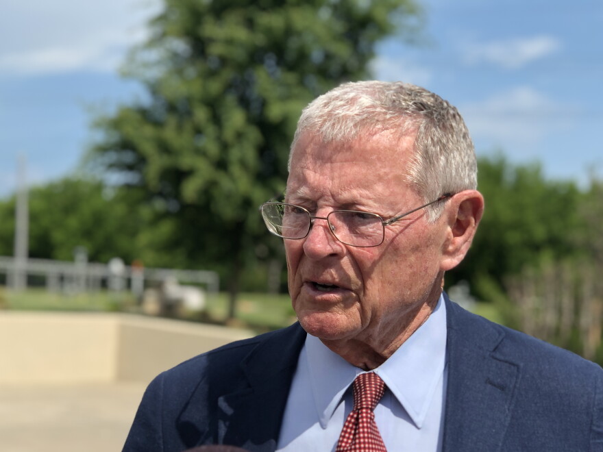 File photo of Sen. Jim Inhofe (R-Okla.) outside the Tulsa Police Academy on May 14, 2021.