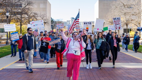 Thousands marched around Capitol Square in Lansing, Mich., for the fourth No Kings rally on Oct. 17, 2026.