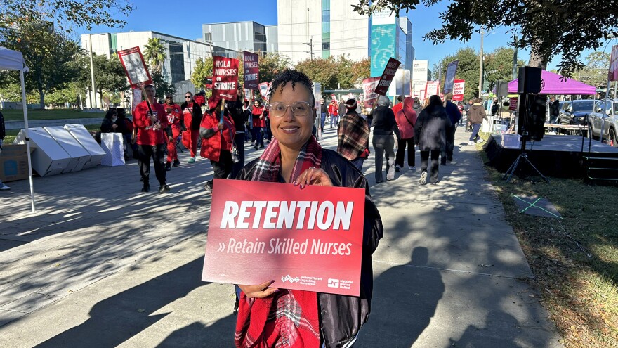 UMC nurse Kisha Montes protests outside the hospital on Tuesday, November 11, 2025, in New Orleans. Montes said retaining nursing staff is important because more experienced nurses can pass on their knowledge to newer nurses.