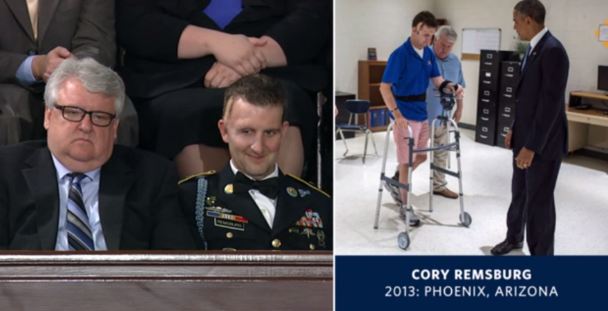 At left, Craig Remsburg sits with his son Cory during the State of the Union address along with a photo of the Army Ranger during rehab with President Obama.