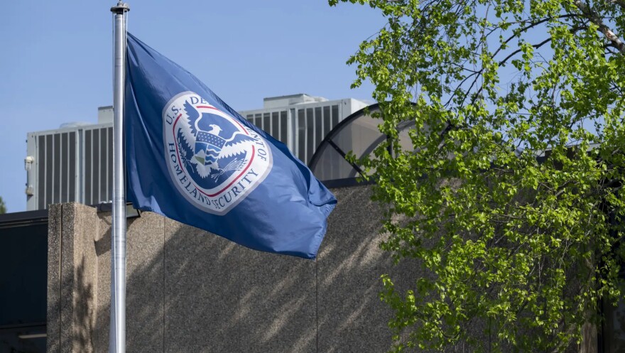 A U.S. Homeland Security flag outside of the Boston ICE field office on Tuesday, May 13, 2025, in Burlington, Mass.