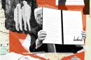 A collage of Trump holding up a signed executive action with Musk's emails in the background