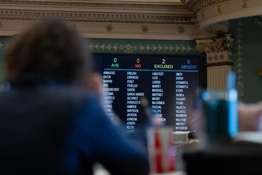 The voting board in the Colorado House of Representatives at the state Capitol on Saturday, May 3, 2025.