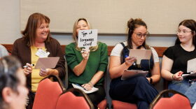 Four women sit next to each other, holding pieces of paper. One woman is smiling as another holds up a card that reads "type of language used". 
