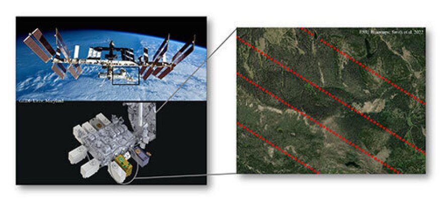 Picture of a satellite in space, zoomed segment to the right displays a scan of Yellowstone National Park