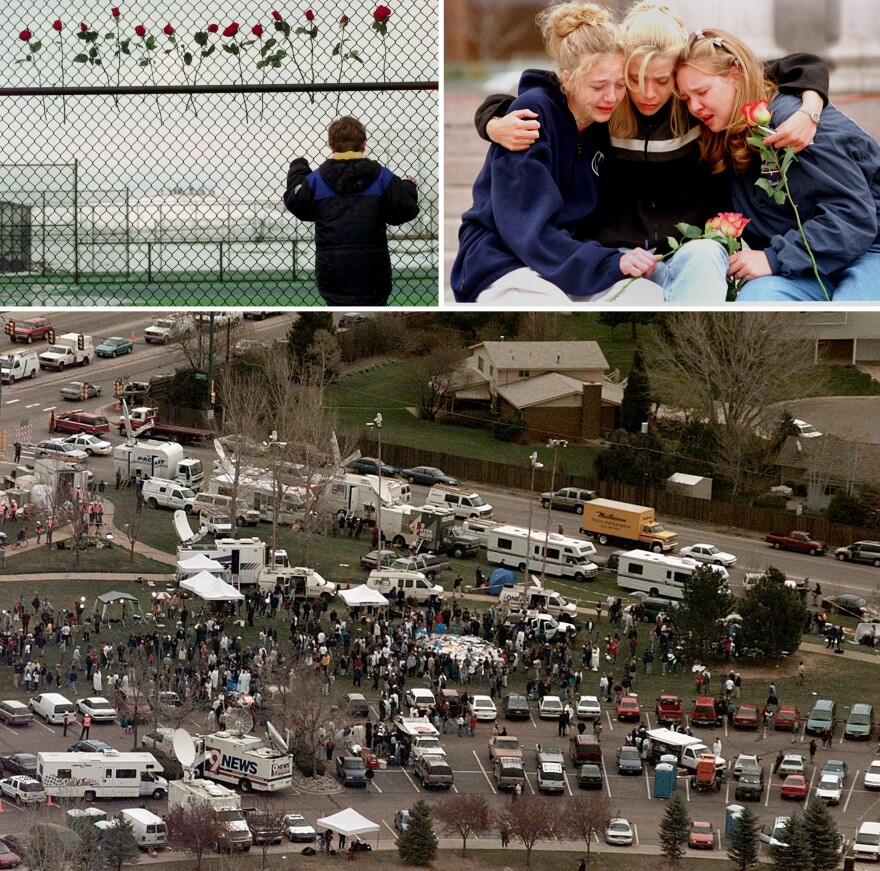 (Left) A boy looks through the fence at the Columbine High School tennis courts in Littleton, Colo., in April, 1999. (Right) From left, Rachel Ruth, Rhianna Cheek and Mandi Annibel, all 16-year-old sophomores at Heritage High School in Littleton, console each other during a vigil service in Denver's Civic Center Park. (Bottom) An aerial view of the news media compound near Columbine High School.