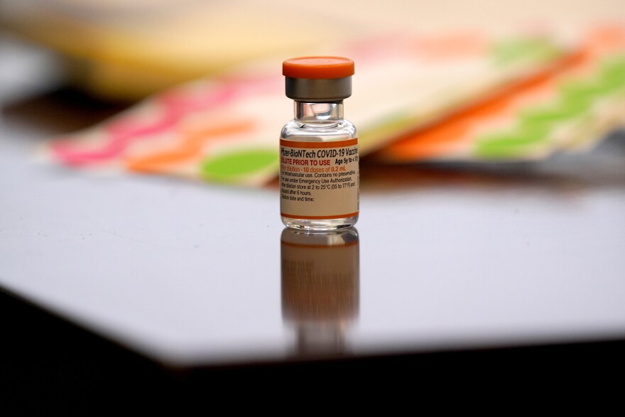 A vial of the Pfizer-BioNTech COVID-19 vaccine for children 5 to 12 years old sits ready for use at a vaccination site in Fort Worth, Texas, Thursday, Nov. 11, 2021.