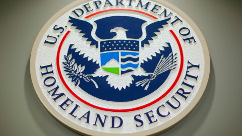 FILE - The Department of Homeland Security logo is displayed during a news conference in Washington, Feb. 25, 2015.