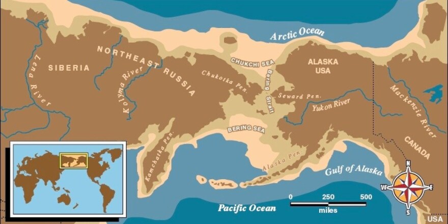 The now disappeared Beringia land bridge between Siberia and Alaska.