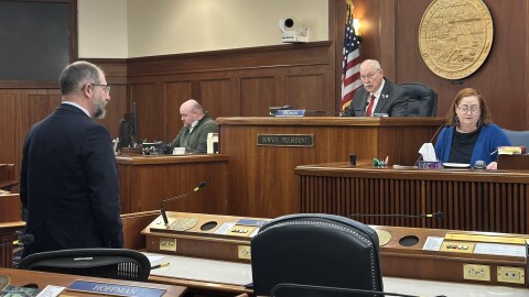 Sen. Bert Stedman presides over a mostly empty Senate chamber during a technical session at the Alaska State Capitol in Juneau on July 1, 2026.