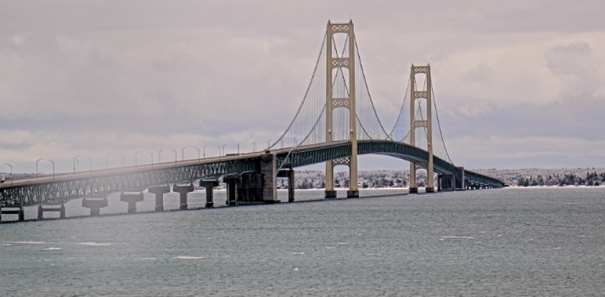 The Mackinac Bridge during a closure due to falling ice on March 31, 2025.