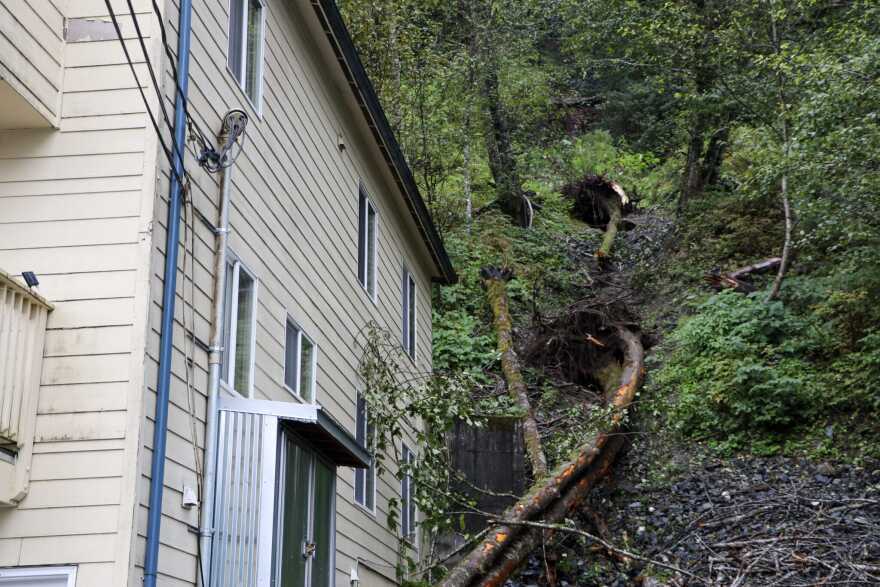 Landslide debris scars Mount Roberts near the Strasbaugh Apartments on Gastineau Avenue in Juneau on Thursday, Sept. 18, 2025.