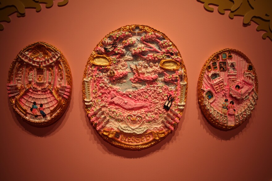 An installation by Chicago-based artist Yvette Mayorga of a “Pink Chapel” using her signature sculptural ceramic piping method and “frosted” found objects resembling French Rococo votive offerings. Created during a week-long residency in Las Cruces, NM, this work represents Mayorga’s completion of a personal pilgrimage, begun 20 years ago at the Santuario del Santo Niño de Atocha de Plateros in Zacatecas, Mexico, culminating in a visit to the Santuario de Chimayo in New Mexico.