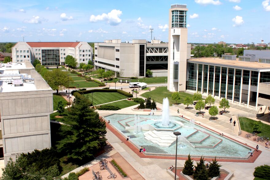 Meyer Library and Hammons Fountain on the campus of Missouri State University. Photo Credit- Shane Franklin