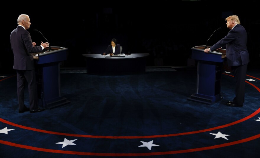 Biden and President Trump participate in the final presidential debate at Belmont University in Nashville, Tenn., on Oct. 22. This debate was a more civil affair, following Trump's persistent interruptions in the first faceoff.