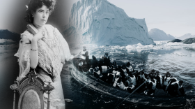 A black-and-white image of a dark-haired woman in a light-colored dress and posing with her elbow on the back of a chair. The photo is superimposed on the background image of a full lifeboat with an iceberg in the distance