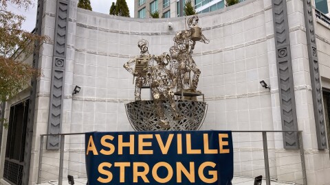 An 'Asheville Strong' banner in downtown Asheville on December 3, 2024.