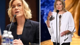 On left, NPR President and CEO Katherine Maher testifies during a House Oversight and Government Reform Committee hearing at the U.S. Capitol on March 26. On right, CPB President and CEO Patricia Harrison accepts the Governors Award on CPB's behalf during the 2025 Creative Arts Emmy Awards on Sept. 7.