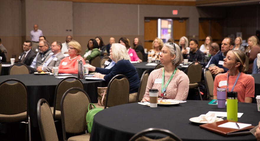 Some of the 100 QC public and private-sector leaders (including service providers who work with unhoused individuals) attended the first of two days working on how to take a regional approach to reducing homelessness, Wednesday, April 29, 2026.