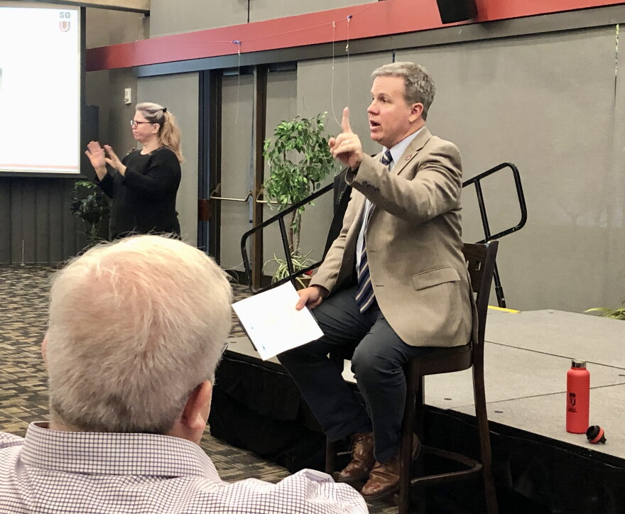  SOU President Rick Bailey answers audience questions at a town hall about the university's financial future. 