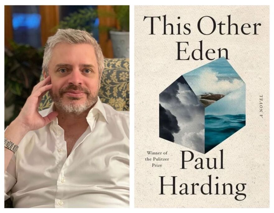 Paul Harding seated; cover of This Other Eden