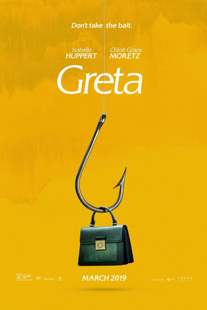 Greta film poster -- deep golden yello background, title in white serif font, oversized fishhook with a pocketbook hanging from it