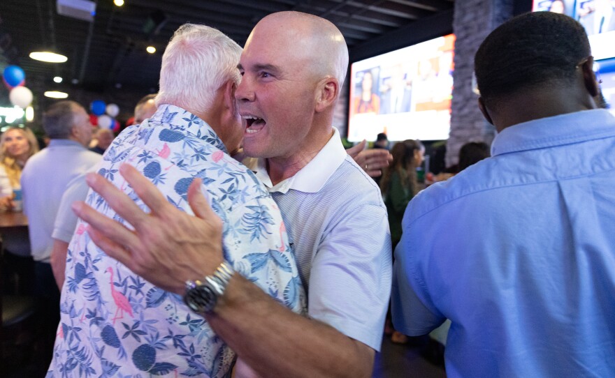 Senator Marty Flynn, right, greets Lackawanna County Commissioner Thom Welby during an Election Night party for Flynn's primary re-election bid for the Pennsylvania 22nd Senate District at Benny's of Downtown in Scranton on Tuesday, May 19, 2026.