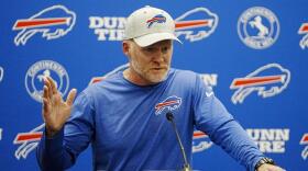 Buffalo Bills head coach Sean McDermott speaks during a news conference after an NFL preseason football game against the Carolina Panthers Aug. 26, 2022, in Charlotte, N.C.