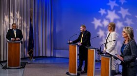 Idaho GOP primary election candidates for superintendent of public instruction Branden Durst, Debbie Critchfield and incumbent Sherri Ybarra participate in the Idaho Debates on Idaho Public Television. Aaron Kuntz, far left, moderated the discussion. (Courtesy of Idaho Public Television)