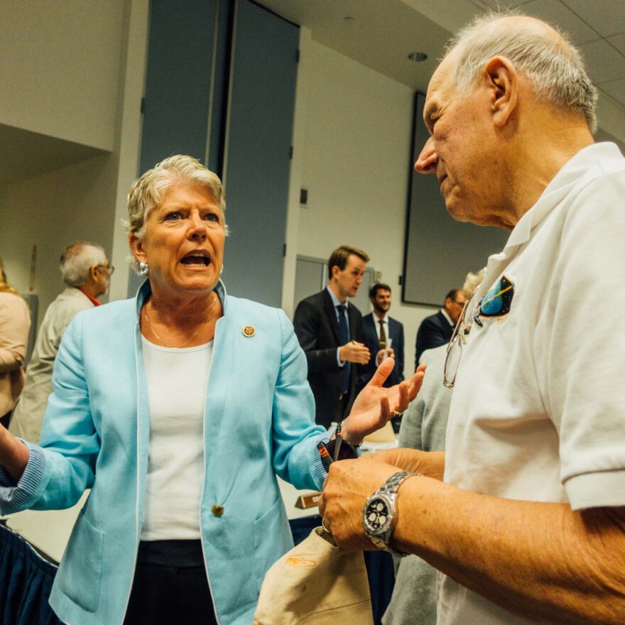 Rep. Julia Brownley (D-CA) speaks with veterans at a field hearing in Camarillo, Cal.