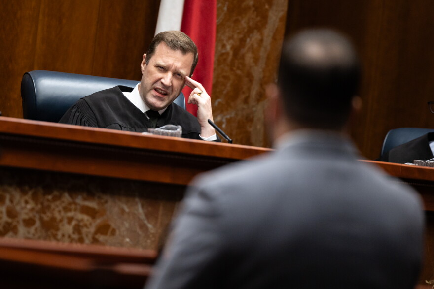 Texas Supreme Court Justice Evan Young questions state attorney Cory Scanlon in January during oral arguments for the case on whether Delta-8 could be treated as a Schedule I controlled substance.