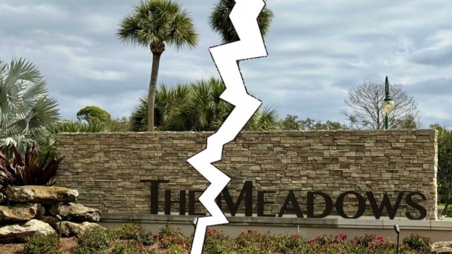 Large sign in front of community says THE MEADOWS, but in this illustration photo a lightning-looking tear zigzags vertically to give the appearance the image and sign have been cut in half 
