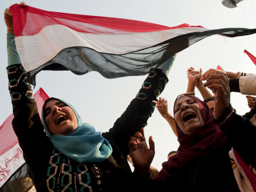 Egyptian women celebrate in Tahrir Square on Feb. 12 after Mubarak was driven from power. Many women now say they feel shut out of the new government that is emerging.