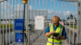 Derek Thorn, a geographer with the U.S. Army Corps of Engineers, Charleston District, conducts topographic surveys near Brittlebank Park and the Ashley River bridges on the westside of downtown Charleston, South Carolina, Sept. 11, 2026, to determine precision elevation markers for the planned perimeter storm surge barrier. The Charleston Peninsula Coastal Storm Risk Management project kicked off in 2018 to reduce storm surge risks, protect vital transportation corridors, and bolster long-term coastal resilience across the low-lying peninsula with an engineered 10-foot NAVD88 barrier alignment. (U.S. Army Corps of Engineers photo by Dylan Burnell)