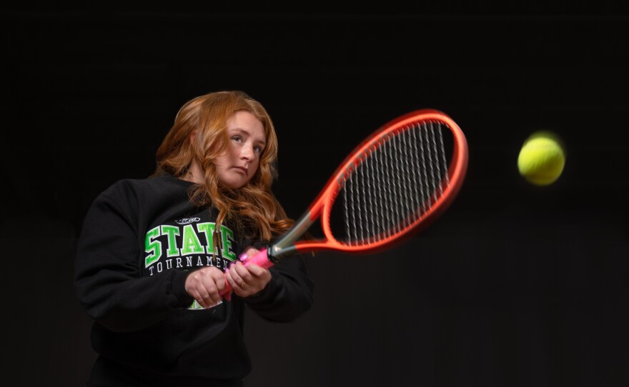 North Star Student, Ronnie Noska, hits a tennis ball in the gym at Staples-Motley High School on Jan. 29, 2026, in Staples.