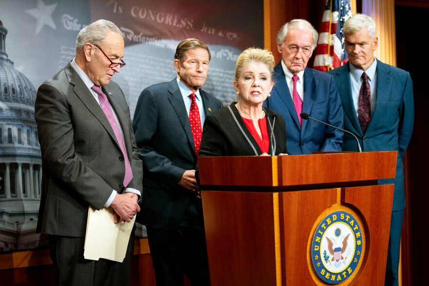 From left, Senate Majority Leader Chuck Schumer, D-N.Y., Sen. Richard Blumenthal, D-Conn., Sen. Marsha Blackburn, R-Tenn., Sen. Ed Markey, D-Mass., and Sen. Bill Cassidy, R-La., hold a media availability after Senate passage of The Kids Online Safety and Privacy Act and the Children and Teens' Online Privacy Protection Act in the Capitol on Tuesday, July 30, 2024.