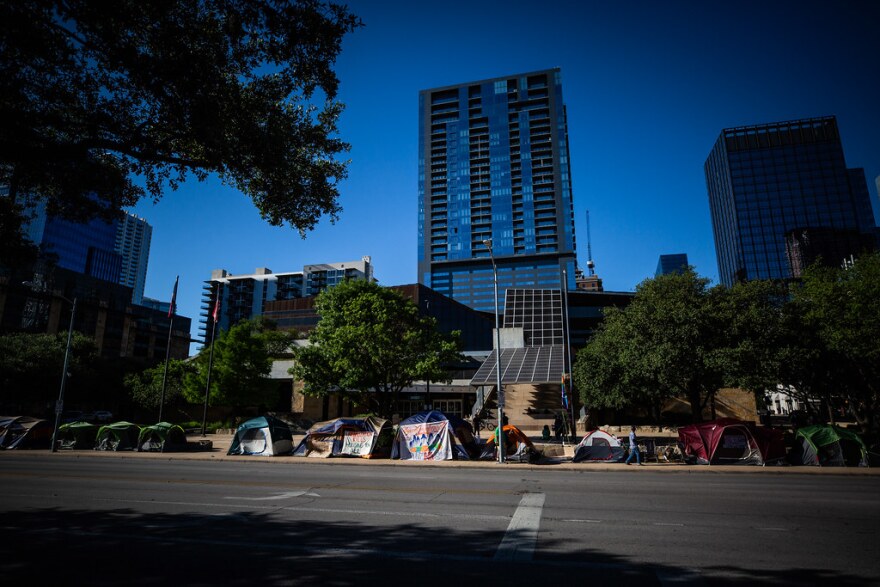 Tents outside of Austin City Hall on May 5 as part of a demonstration against Prop B.