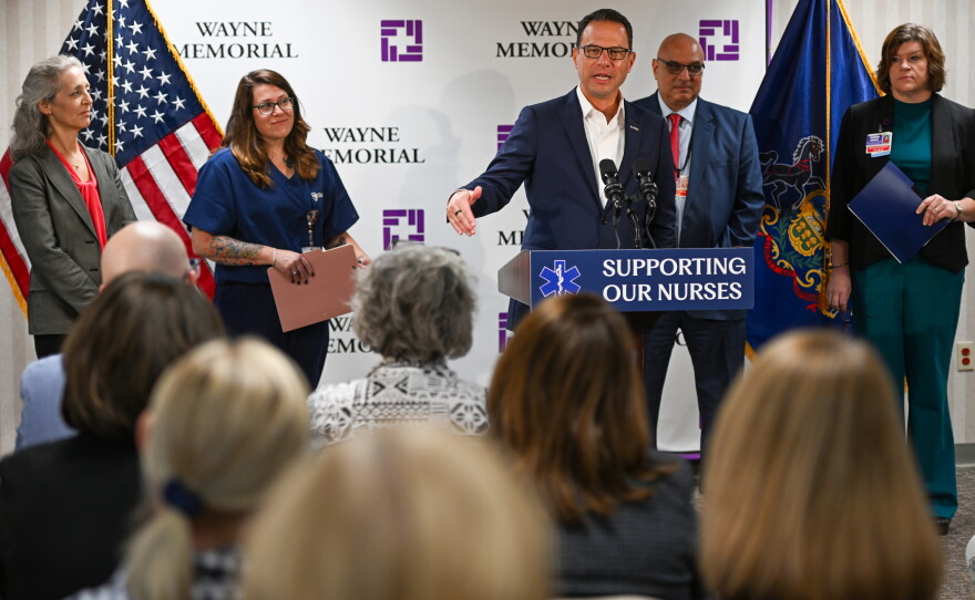 Gov. Josh Shapiro discusses the Nurse Shortage Assistance Program at Wayne Memorial Hospital in Honesdale.