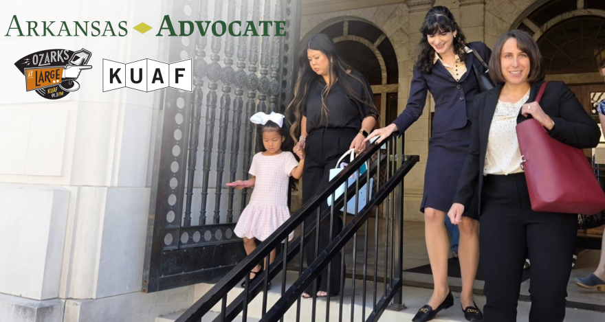 Attorneys Maria Victoria Abut (second from right) and Molly Duane (right) leave the Pulaski County Circuit Courthouse on Sept. 28, 2026 after a hearing over Arkansas’ abortion ban. Abut and Duane represent seven plaintiffs, including Theresa Van (second from left), pictured with her daughter, Camille (left).