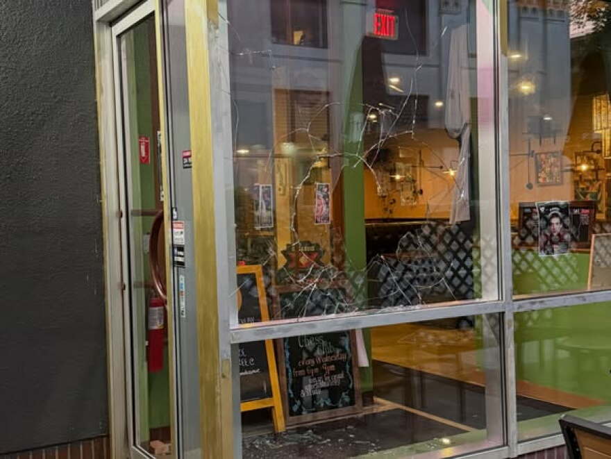 Vandals smashed several windows at the Hanover Street cafe.