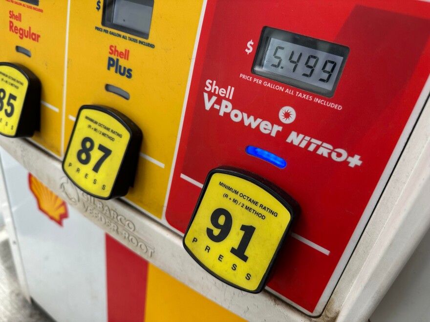 The per-gallon price for premium-grade fuel is displayed on a pump at a Shell gasoline station Friday, May 29, 2026, in Englewood, Colo.