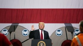 President Donald Trump speaks at Granite City Works warehouse on Thursday.