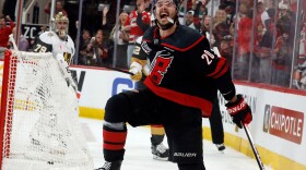 Carolina Hurricanes' Sebastian Aho (20) celebrates after his goal during the second period in Game 5 of the NHL hockey Stanley Cup Final series against the Vegas Golden Knights in Raleigh, N.C., Thursday, June 11, 2026.