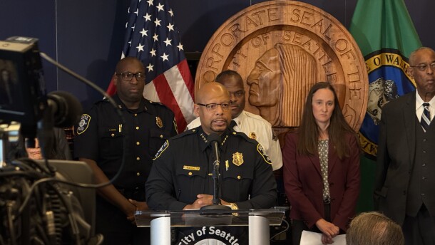 Former Seattle Police Chief Shon Barnes speaking at a press conference July 27, 2026.
