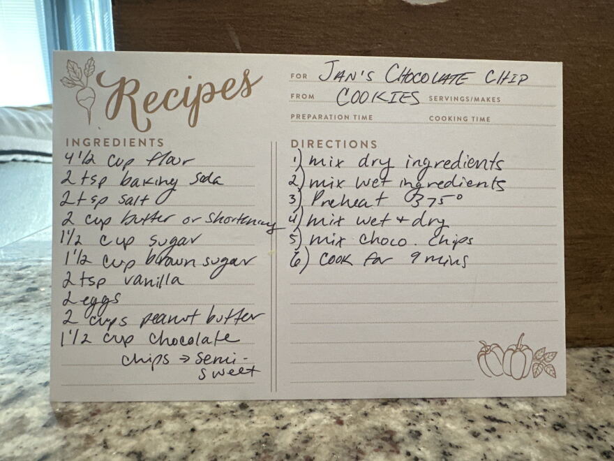 Written recipe card for chocolate chip cookies