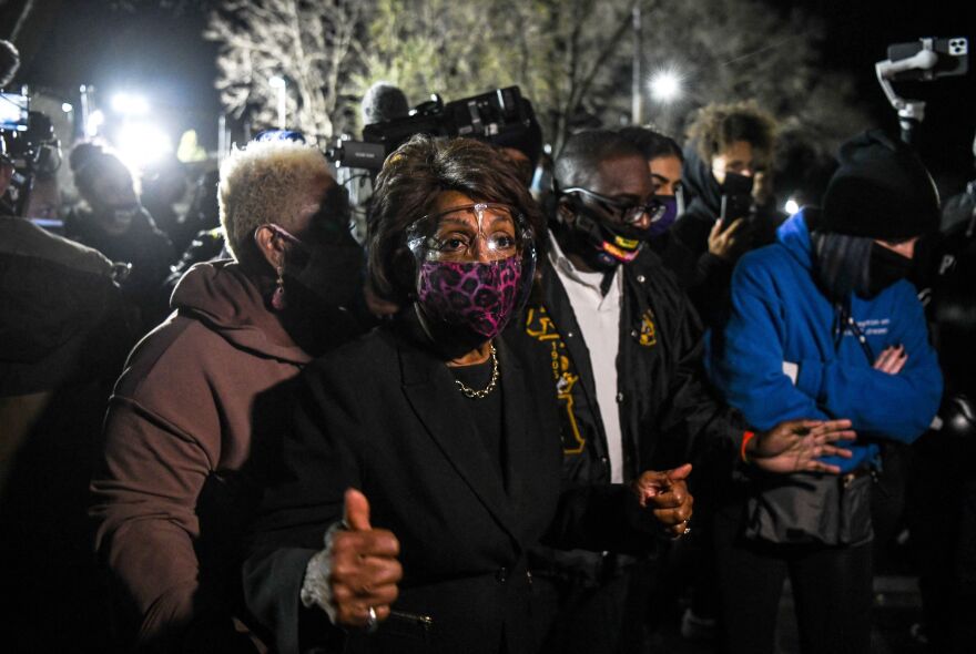 Representative Maxine Waters(C) (D-CA) speaks to the media during an ongoing protest at the Brooklyn Center Police Department in Brooklyn Centre, Minnesota on April 17, 2021. - Police officer, Kim Potter, who shot dead Black 20-year-old Daunte Wright in a Minneapolis suburb after appearing to mistake her gun for her Taser was arrested April 14 on manslaughter charges. (Photo by CHANDAN KHANNA / AFP) (Photo by CHANDAN KHANNA/AFP via Getty Images)