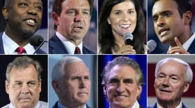 This combination of photos shows Republican presidential candidates, top row from left, Sen. Tim Scott, R-S.C., Florida Gov. Ron DeSantis, former South Carolina Gov. Nikki Haley, and Vivek Ramaswamy, bottom row from left, former New Jersey Gov. Chris Christie, former Vice President Mike Pence, North Dakota Gov. Doug Burgum and Governor Asa Hutchinson. (AP Photo)