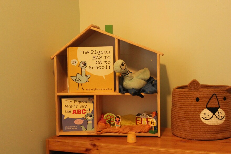 In Just Like Mine Daycare’s playroom, a diorama of the picture book “The Pigeon HAS to Go to School” is displayed on July 22, 2026. One of the children at the Lincoln, Nebraska, daycare will start Kindergarten in the fall.