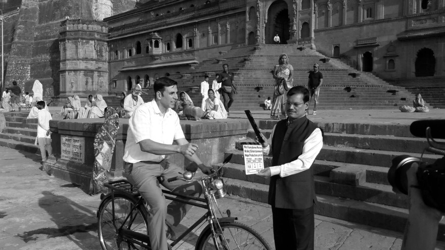 Arunachalam Muruganantham poses with actor Akshay Kumar, who portrays him in the new film <em>Pad Man.</em> It's a biopic about Muruganantham's quest to invent a machine that could make low-cost sanitary napkins.
