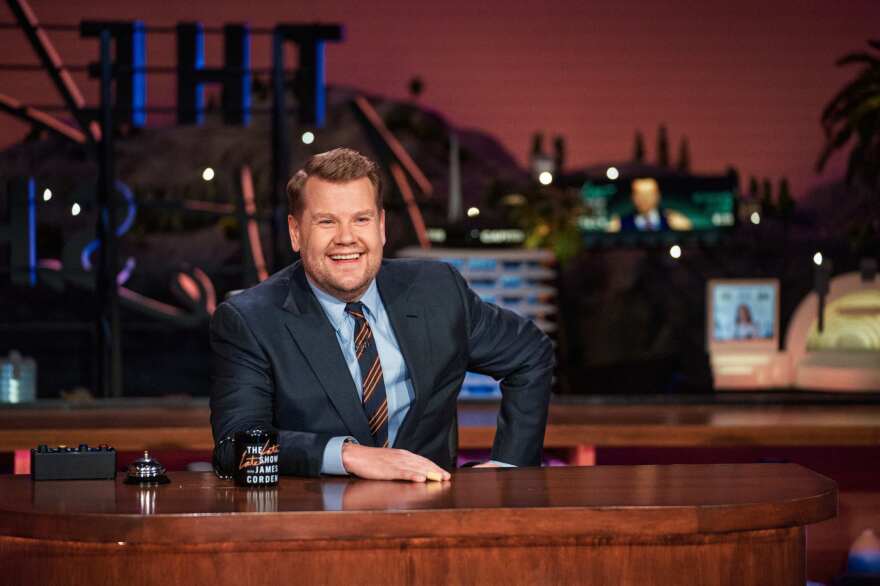 James Corden behind the desk at <em>The Late Late Show.</em>